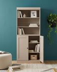 72" Beige Solid Wood Adjustable Six Tier Library Bookcase with Two Doors