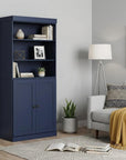 72" Navy Blue Solid Wood Adjustable Six Tier Library Bookcase with Two Doors