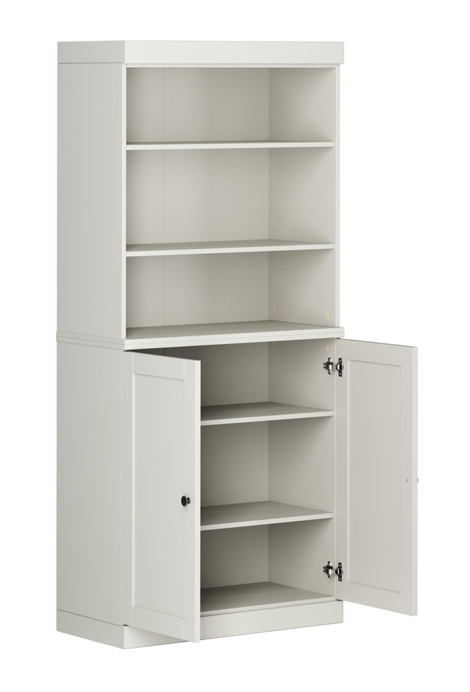 72" Off White Solid Wood Adjustable Six Tier Library Bookcase with Two Doors