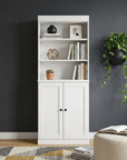 72" White Solid Wood Adjustable Six Tier Library Bookcase with Two Doors