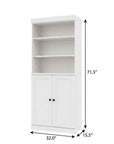 72" White Solid Wood Adjustable Six Tier Library Bookcase with Two Doors
