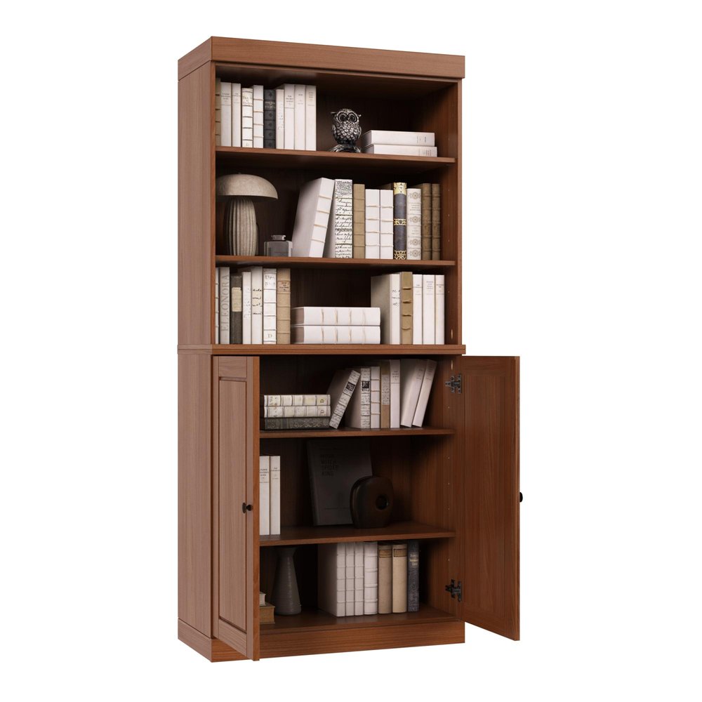 72" Coffee Solid Wood Adjustable Six Tier Library Bookcase with Two Doors
