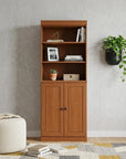 72" Coffee Solid Wood Adjustable Six Tier Library Bookcase with Two Doors