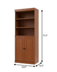 72" Coffee Solid Wood Adjustable Six Tier Library Bookcase with Two Doors