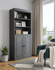 72" Gray Solid Wood Adjustable Six Tier Library Bookcase with Two Doors