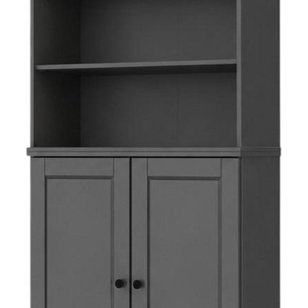 72" Gray Solid Wood Adjustable Six Tier Library Bookcase with Two Doors