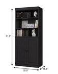 72" Black Solid Wood Adjustable Six Tier Library Bookcase with Two Doors