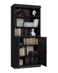 72" Black Solid Wood Adjustable Six Tier Library Bookcase with Two Doors