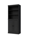 72" Black Solid Wood Adjustable Six Tier Library Bookcase with Two Doors