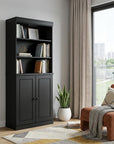 72" Black Solid Wood Adjustable Six Tier Library Bookcase with Two Doors