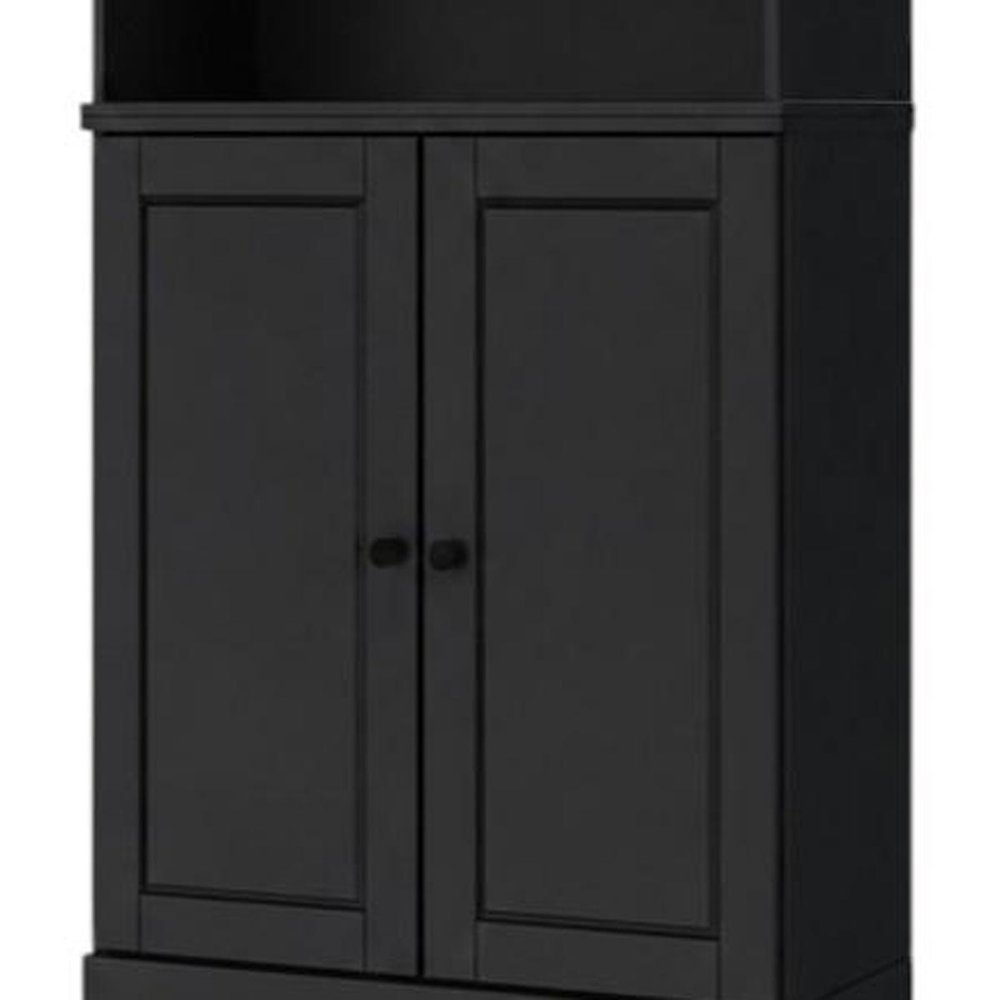 72" Black Solid Wood Adjustable Six Tier Library Bookcase with Two Doors