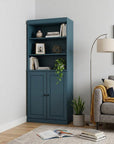 72" Teal Blue Solid Wood Adjustable Six Tier Library Bookcase with Two Doors