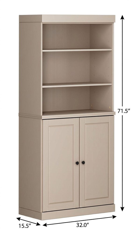 72" Beige Solid Wood Adjustable Six Tier Library Bookcase with Two Doors