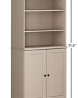 72" Beige Solid Wood Adjustable Six Tier Library Bookcase with Two Doors