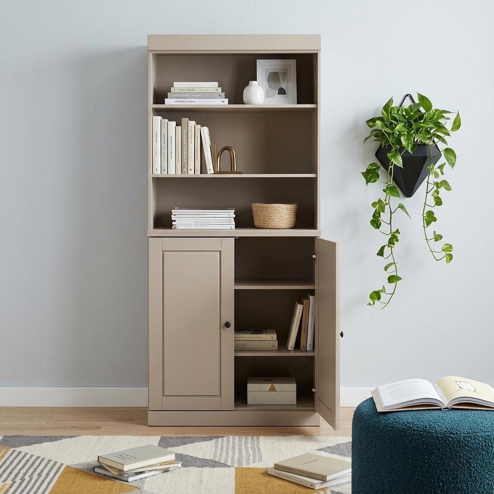 72" Beige Solid Wood Adjustable Six Tier Library Bookcase with Two Doors