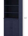 72" Navy Blue Solid Wood Adjustable Six Tier Library Bookcase with Two Doors