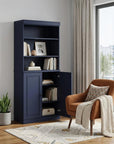 72" Navy Blue Solid Wood Adjustable Six Tier Library Bookcase with Two Doors