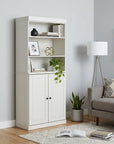 72" Off White Solid Wood Adjustable Six Tier Library Bookcase with Two Doors