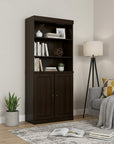 72" Espresso Solid Wood Adjustable Six Tier Library Bookcase with Two Doors