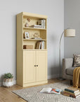 72" Yellow Solid Wood Adjustable Six Tier Library Bookcase with Two Doors