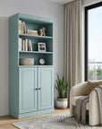 72" Aqua Solid Wood Adjustable Six Tier Library Bookcase with Two Doors