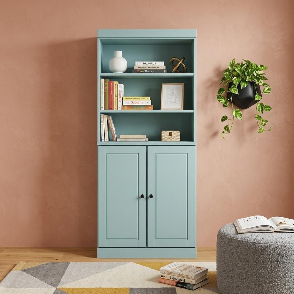 72" Aqua Solid Wood Adjustable Six Tier Library Bookcase with Two Doors