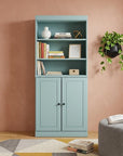 72" Aqua Solid Wood Adjustable Six Tier Library Bookcase with Two Doors