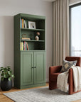 72" Green Solid Wood Adjustable Six Tier Library Bookcase with Two Doors