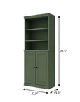 72" Green Solid Wood Adjustable Six Tier Library Bookcase with Two Doors
