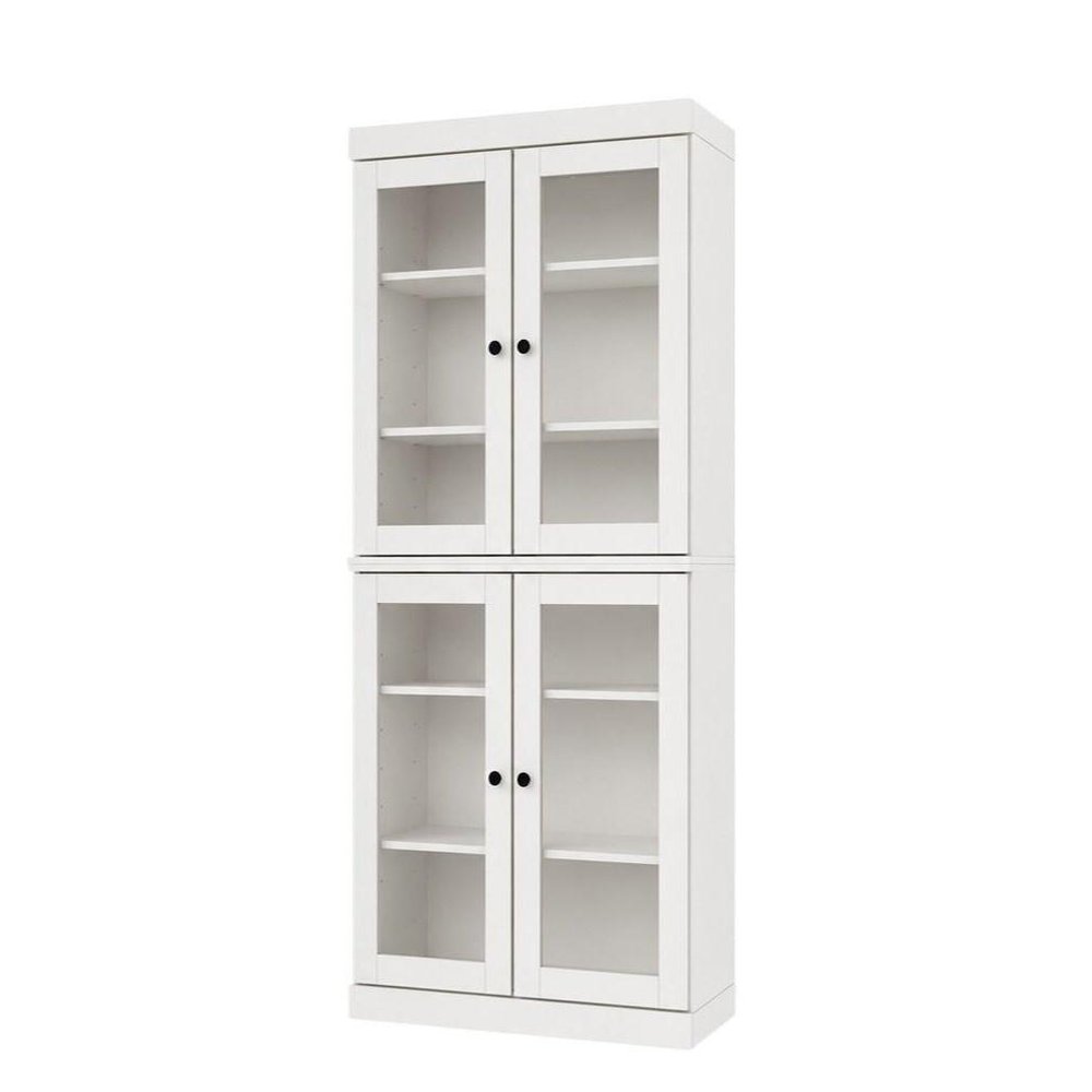 72" White Solid Wood Adjustable Six Tier Library Bookcase with Four Doors