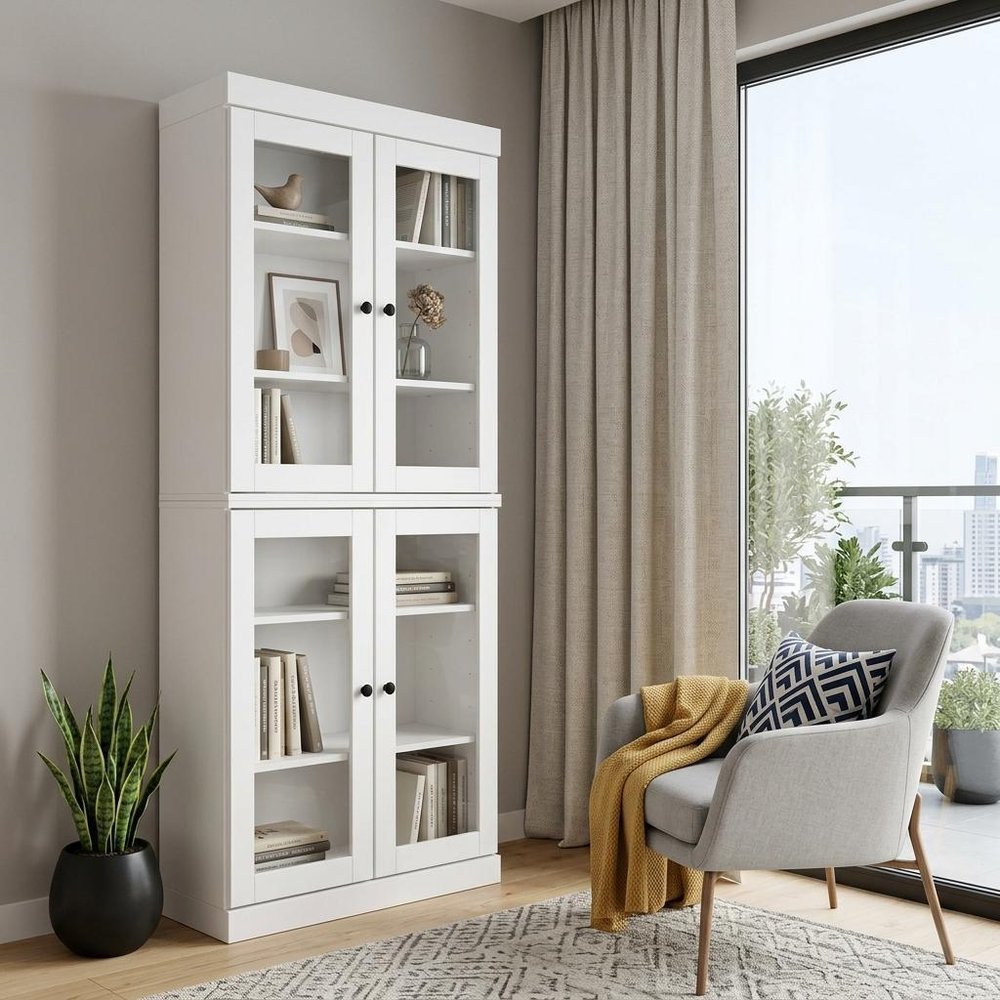 72" White Solid Wood Adjustable Six Tier Library Bookcase with Four Doors