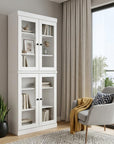 72" White Solid Wood Adjustable Six Tier Library Bookcase with Four Doors