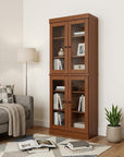 72" Coffee Solid Wood Adjustable Six Tier Library Bookcase with Four Doors
