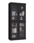 72" Black Solid Wood Adjustable Six Tier Library Bookcase with Four Doors