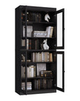 72" Black Solid Wood Adjustable Six Tier Library Bookcase with Four Doors