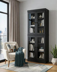 72" Black Solid Wood Adjustable Six Tier Library Bookcase with Four Doors