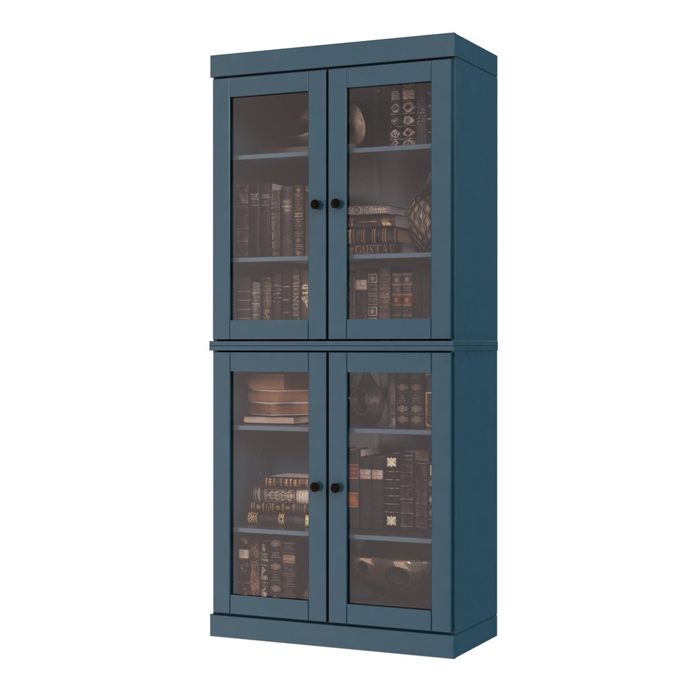 72" Teal Blue Solid Wood Adjustable Six Tier Library Bookcase with Four Doors