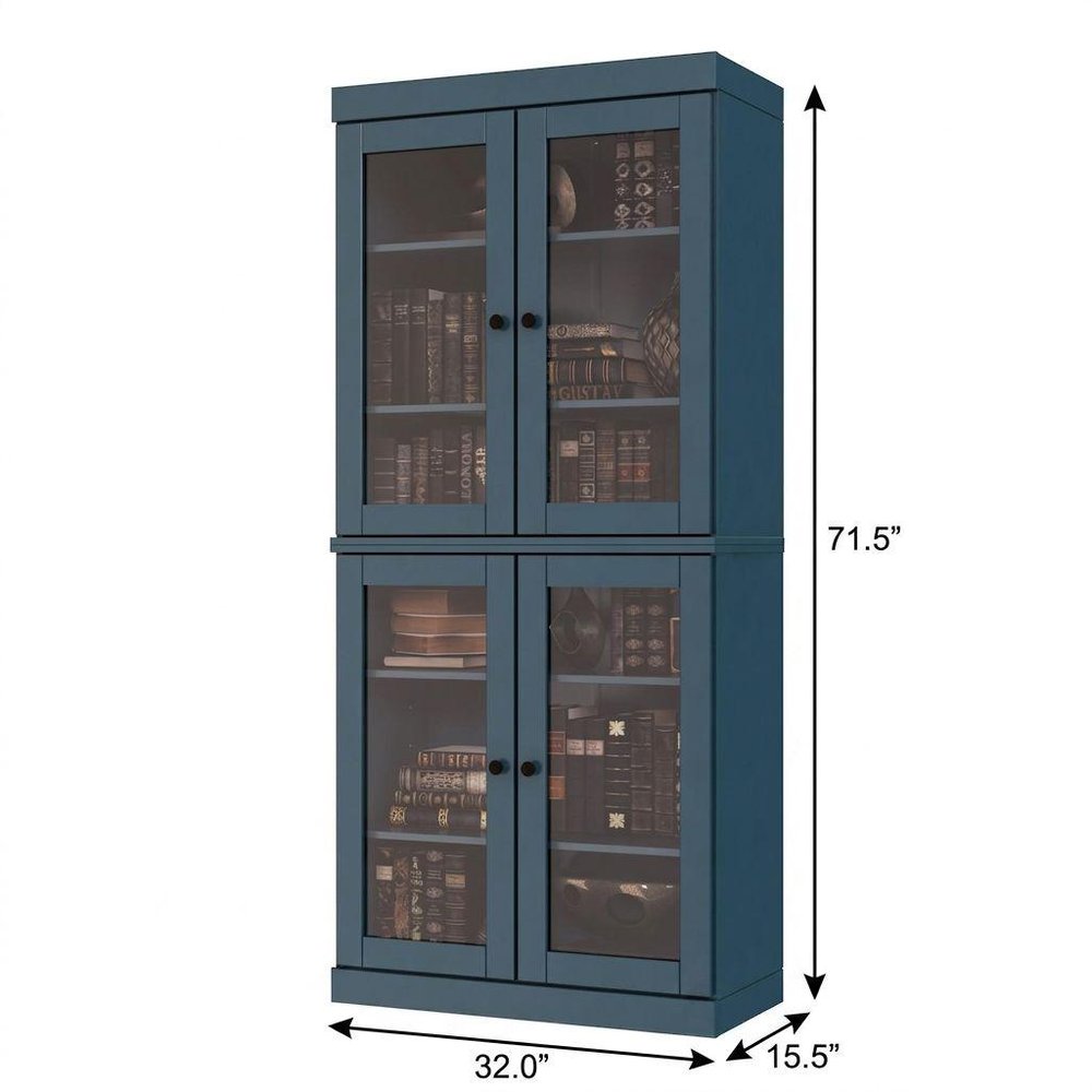 72" Teal Blue Solid Wood Adjustable Six Tier Library Bookcase with Four Doors