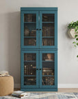 72" Teal Blue Solid Wood Adjustable Six Tier Library Bookcase with Four Doors