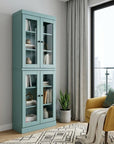 72" Aqua Solid Wood Adjustable Six Tier Library Bookcase with Four Doors