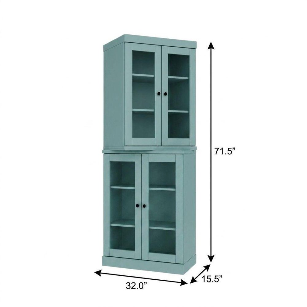 72" Aqua Solid Wood Adjustable Six Tier Library Bookcase with Four Doors