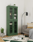 72" Green Solid Wood Adjustable Six Tier Library Bookcase with Four Doors