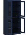 72" Navy Blue Solid Wood Adjustable Six Tier Library Bookcase with Four Doors