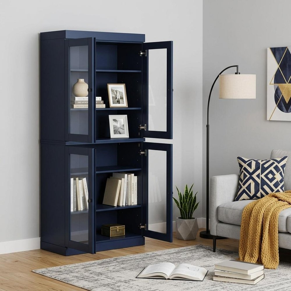 72" Navy Blue Solid Wood Adjustable Six Tier Library Bookcase with Four Doors