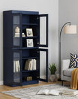 72" Navy Blue Solid Wood Adjustable Six Tier Library Bookcase with Four Doors