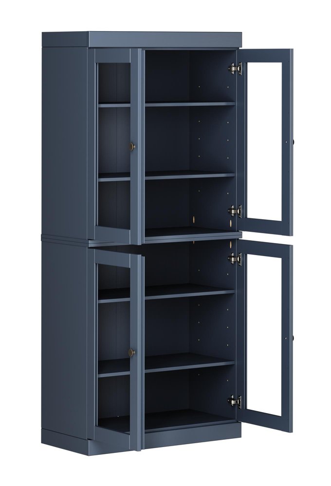 72" French Blue Solid Wood Adjustable Six Tier Library Bookcase with Four Doors