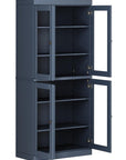 72" French Blue Solid Wood Adjustable Six Tier Library Bookcase with Four Doors