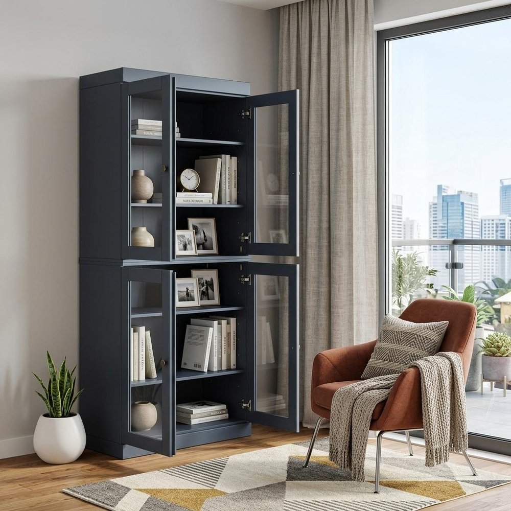 72" French Blue Solid Wood Adjustable Six Tier Library Bookcase with Four Doors