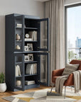72" French Blue Solid Wood Adjustable Six Tier Library Bookcase with Four Doors