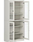 72" Off White Solid Wood Adjustable Six Tier Library Bookcase with Four Doors